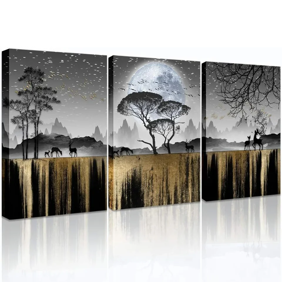 Abstract Mountain with a bright moon diamond painting triptych deer family picture cross stitch needlework embroidery 3pcs decor
