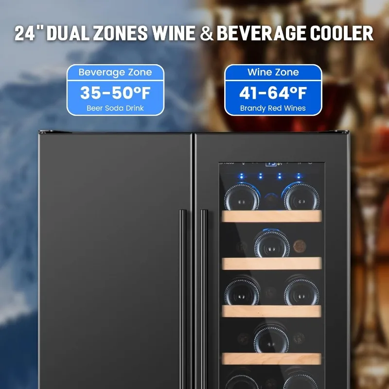 Wine and Beverage Refrigerator, 24inch Dual Zone Wine Cooler, 20Bottles 88Cans Undercounter Black Beverage Fridge for Bar Office 2