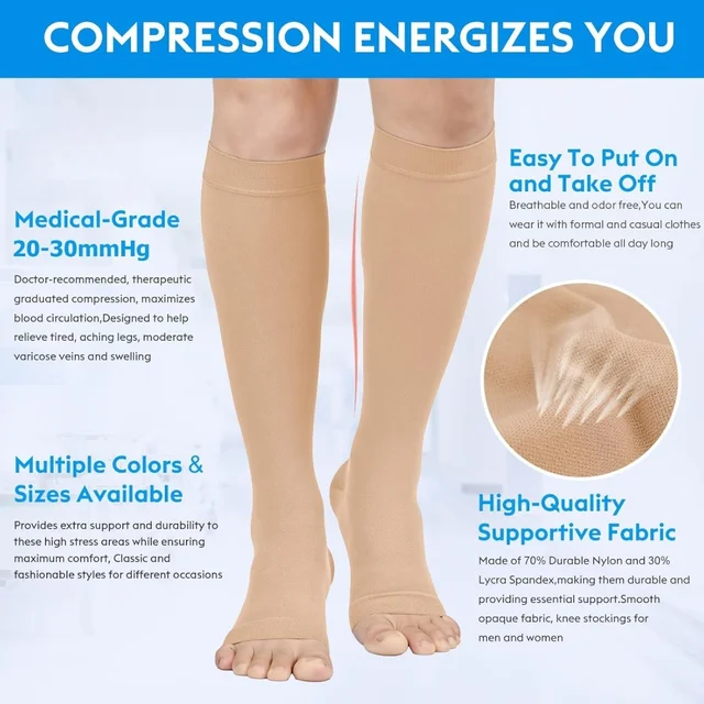 1 Pair 20-30 mmHg Open Toe Calf Compression Stocking for Men Women Calf Sleeve Support for Varicose Veins, Edema, DVT, Pregnancy 2