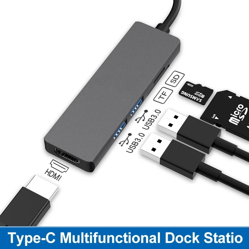 

4K HD 5 in 1 USB 3.0 Type-C HUB Micro SD HDMI Port Card Reader Adapter For Laptop MacBook Pro Mobile Phone Tablet