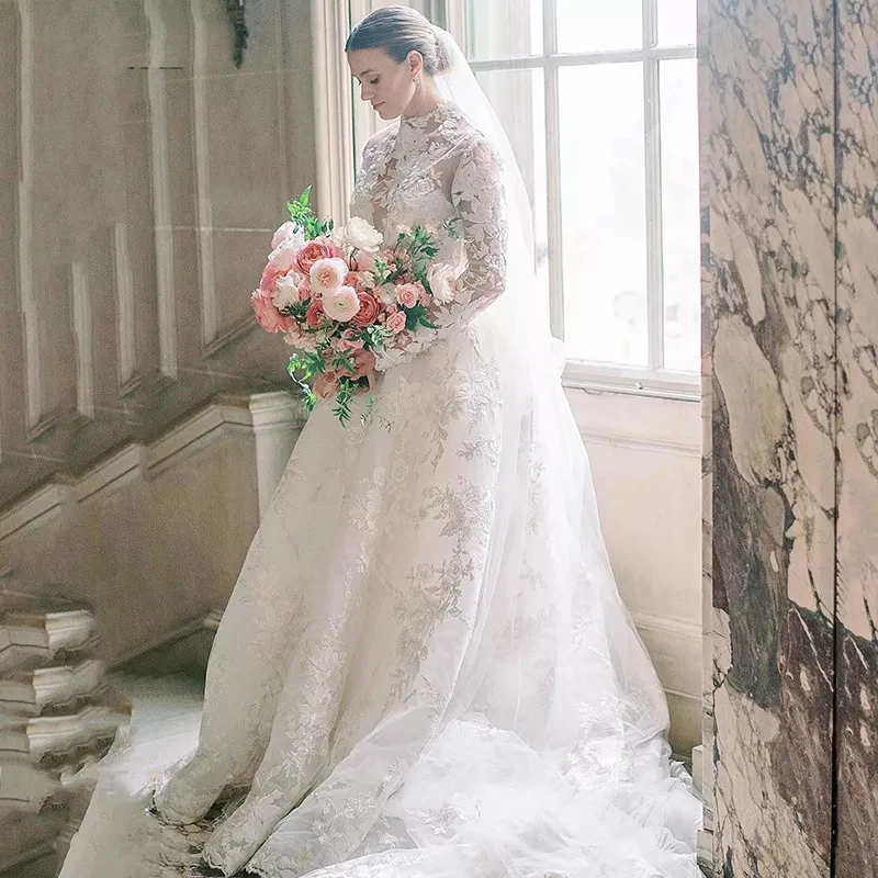 

Винтажное кружевное свадебное платье с высоким воротником, элегантное ТРАПЕЦИЕВИДНОЕ ПЛАТЬЕ С Длинным Рукавом, блестящее цветочное оформление 2023