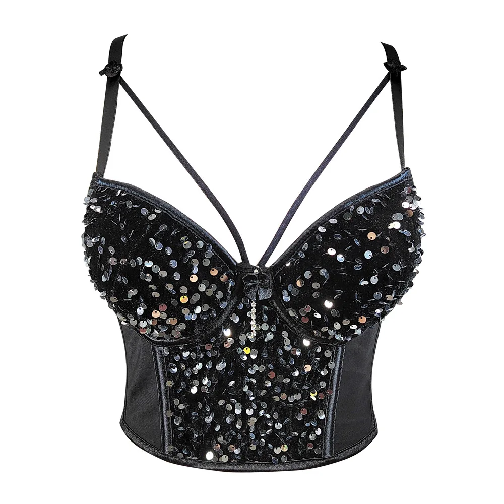 Women Tank Tops Women Tube Tops Mesh Stitching Velvet Sequined Crop Top Underwear Sling Sleeveless