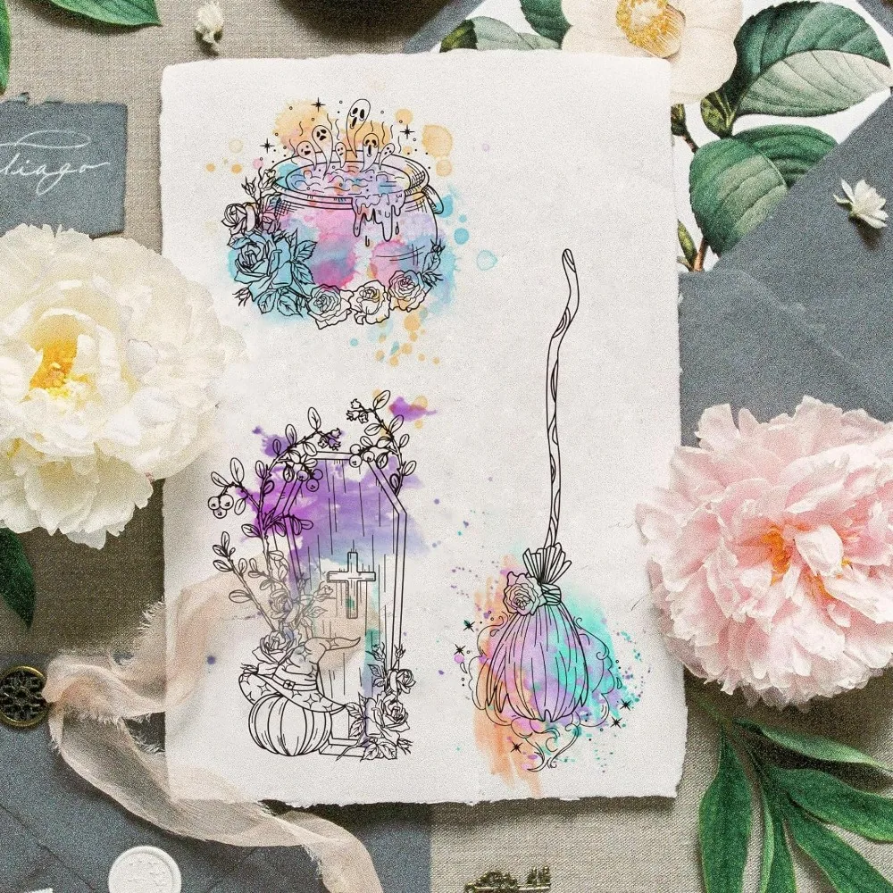 Clear Stamps for Cards Making 1PC Witch Props Magic Book Crystal Ball Skull Silicone Seals