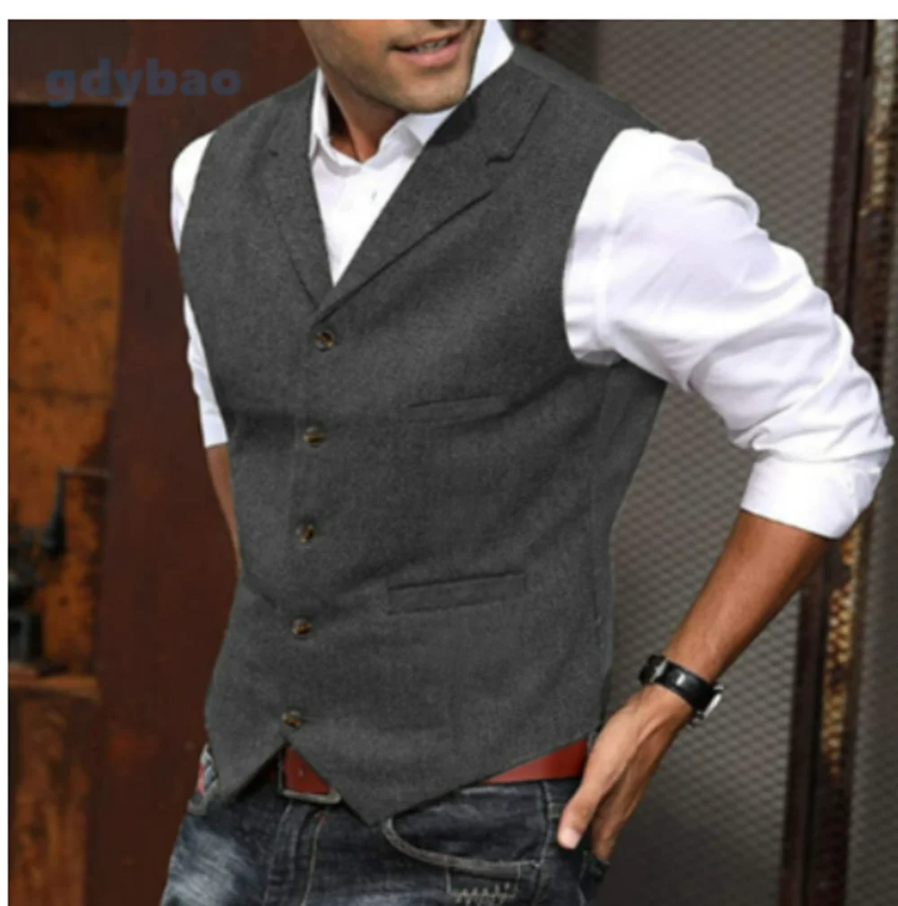 Men's Casual Classic Suit Vest V Neck Herringbone Tweed Slim Fit Business Waistcoat For Wedding 3