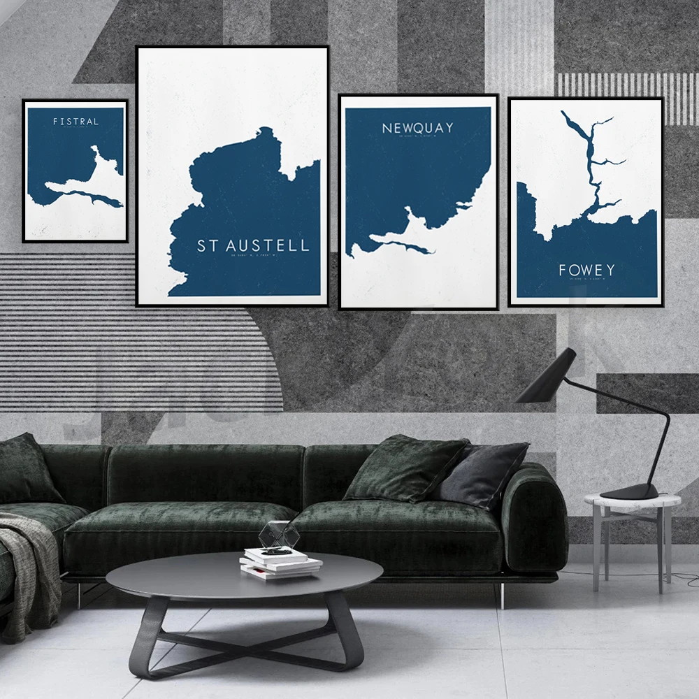 St Austell Map-Mappa Fistral-Mappa Di Newquay-Mappa Di Fowey-Port Alexander Map-Poster-Minimalista-Decorazione Costiera-Arte Della Parete Bianca