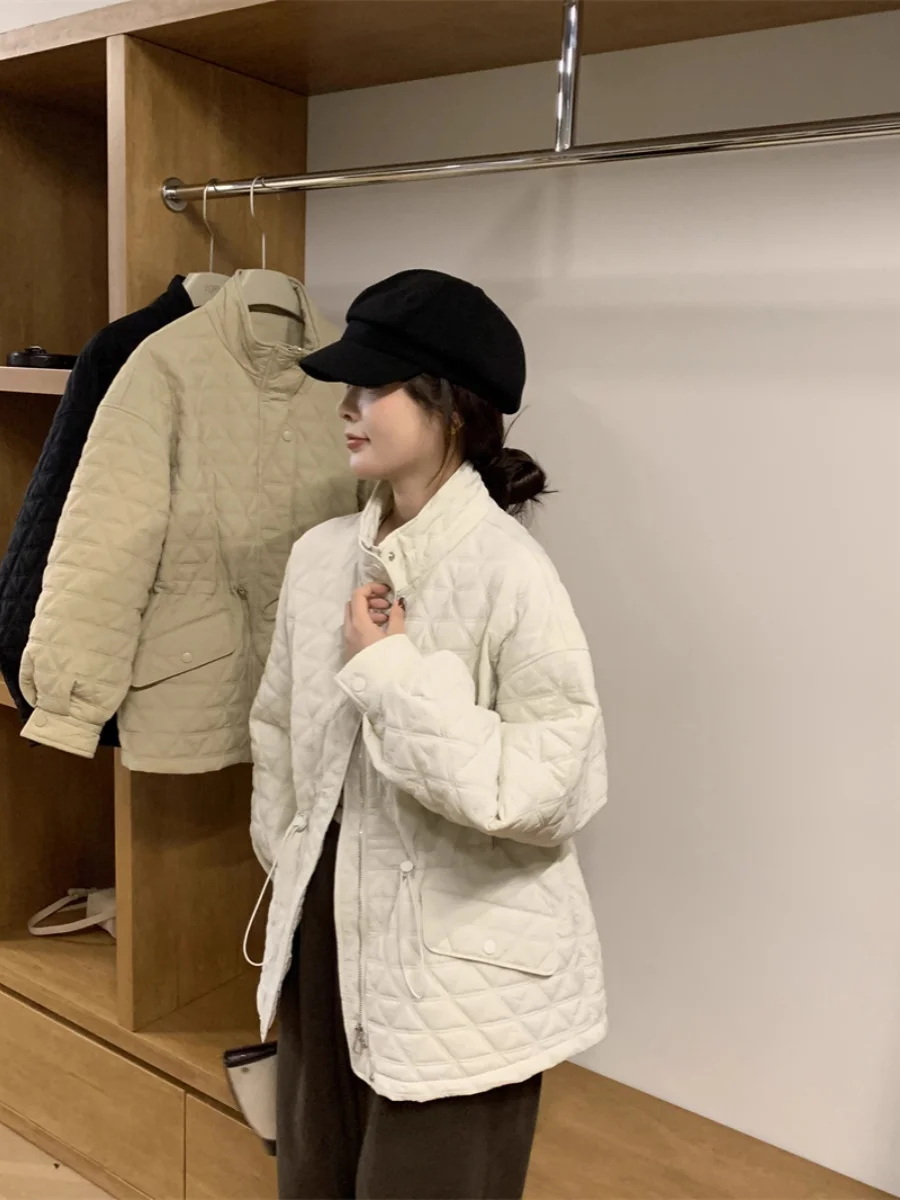 Korean Style Loose Casual Maternity Winter Coats Long Sleeve Zipper Fly Drawstring Waist Pregnant Woman Plaid Cotton Outwear