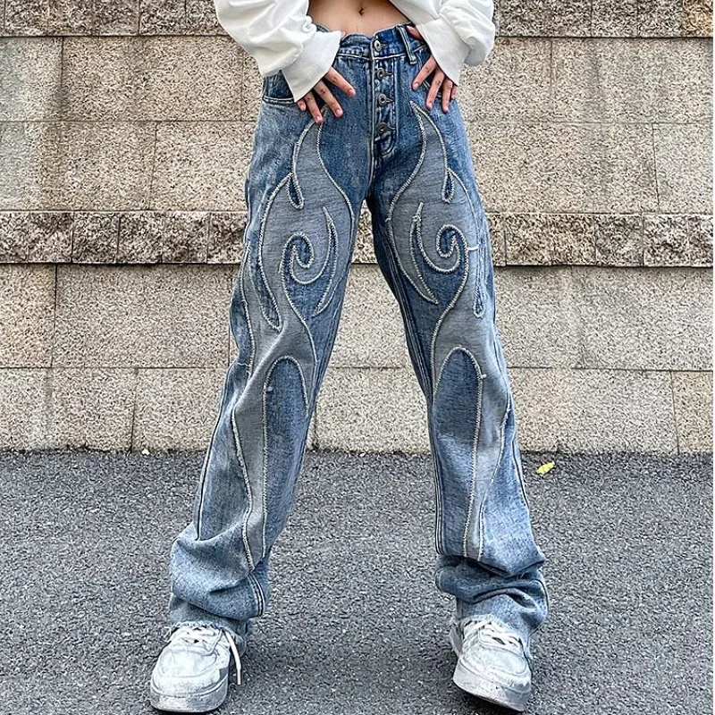 

Vintage Flame Embroidered High Rise Jeans Man's Washed Old Loose Fit Jeans Women's Y2K Jeans Casual Pants Loose Fit Jean