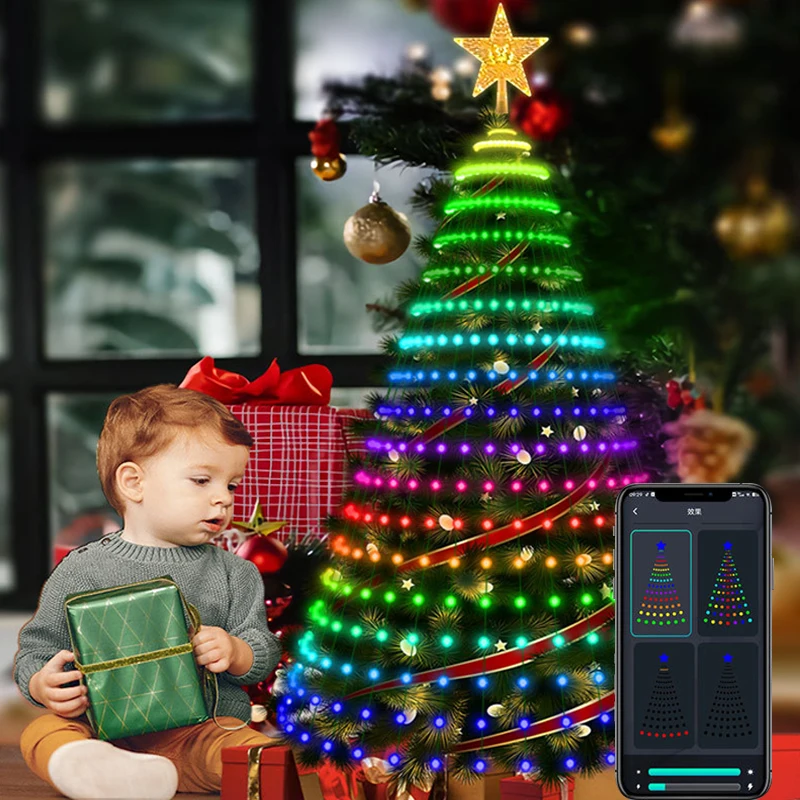 Christmas Tree RGB IC Star Waterfall String Lights Smart Bluetooth APP Remote Control Home Holiday Decor Fairy Lights Music Sync