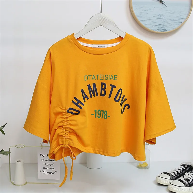 thumbnail image 1 of Camisetas cortas para mujer, ropa de verano coreana para mujer, tops cortos verdes con estampado de letras y frunces para mujer, camisetas básicas de moda kawaii, 1 of 5