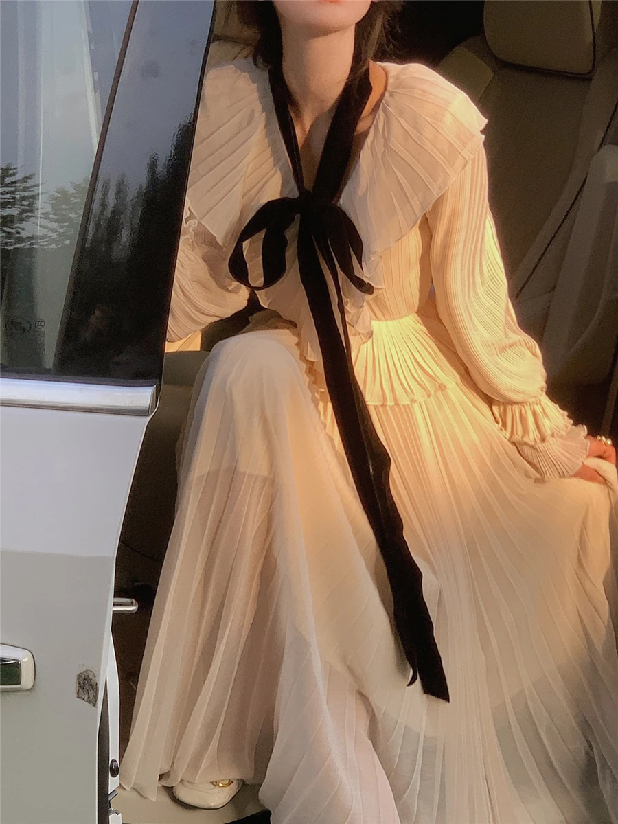 

Midi Ruffle Dresses Women Autumn Winter French Elegent Fashion Evening Party Prom Slim A Line Dress Female Clothes Vestidos