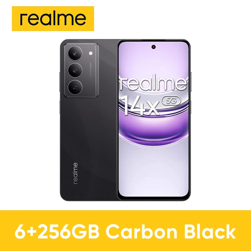 Smartfon realme 14x 5G, procesor Dimensity, bateria 6300 mAh, wyświetlacz '120Hz Eye Comfort', aparat 50MP z funkcją AI, wersja globalna z ładowaniem.