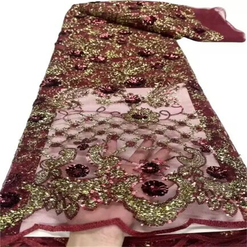 

3D Sequins African French Lace Fabric 2023 Red/Gold High Quality Tulle Lace Material Bridal For Nigerian Wedding Dress