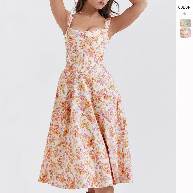 

Sexy camisole slim fit dress with backless printed floral print for women's mid length