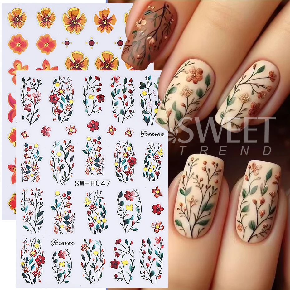 3pcs Elegant Flower Nail Sticker Bronzing Border Petals Hibiscus Vine Leaf Design Nail Decals Sliders DIY Manicure Decoration