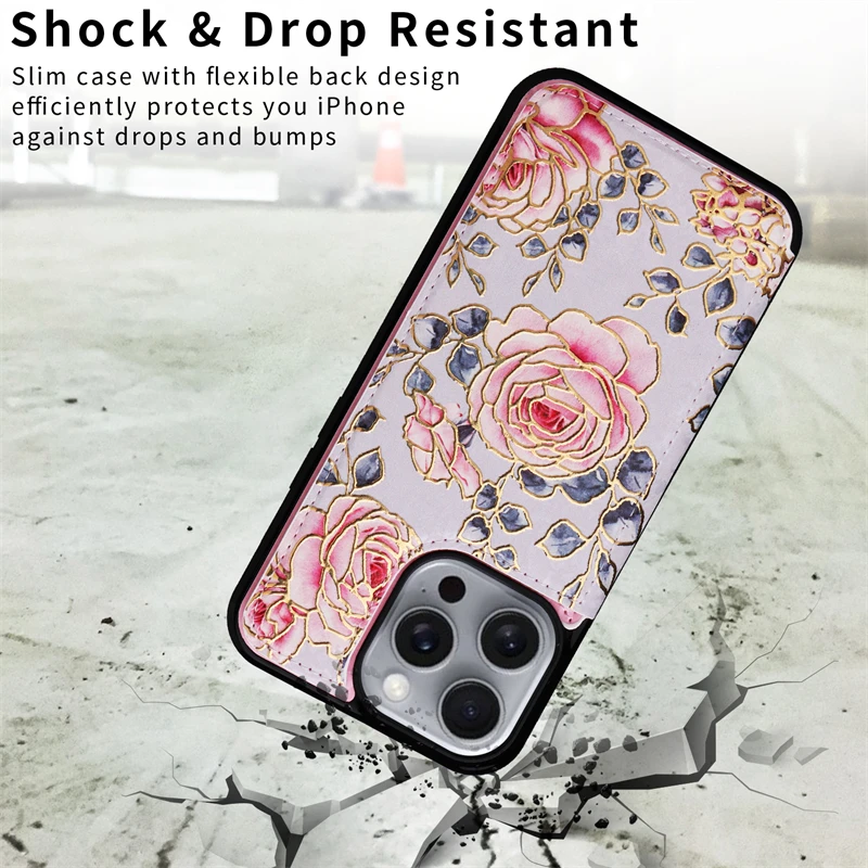 Elegant Flower Design Leather Wallet Card Holder Phone Case with Double Buckle Closure