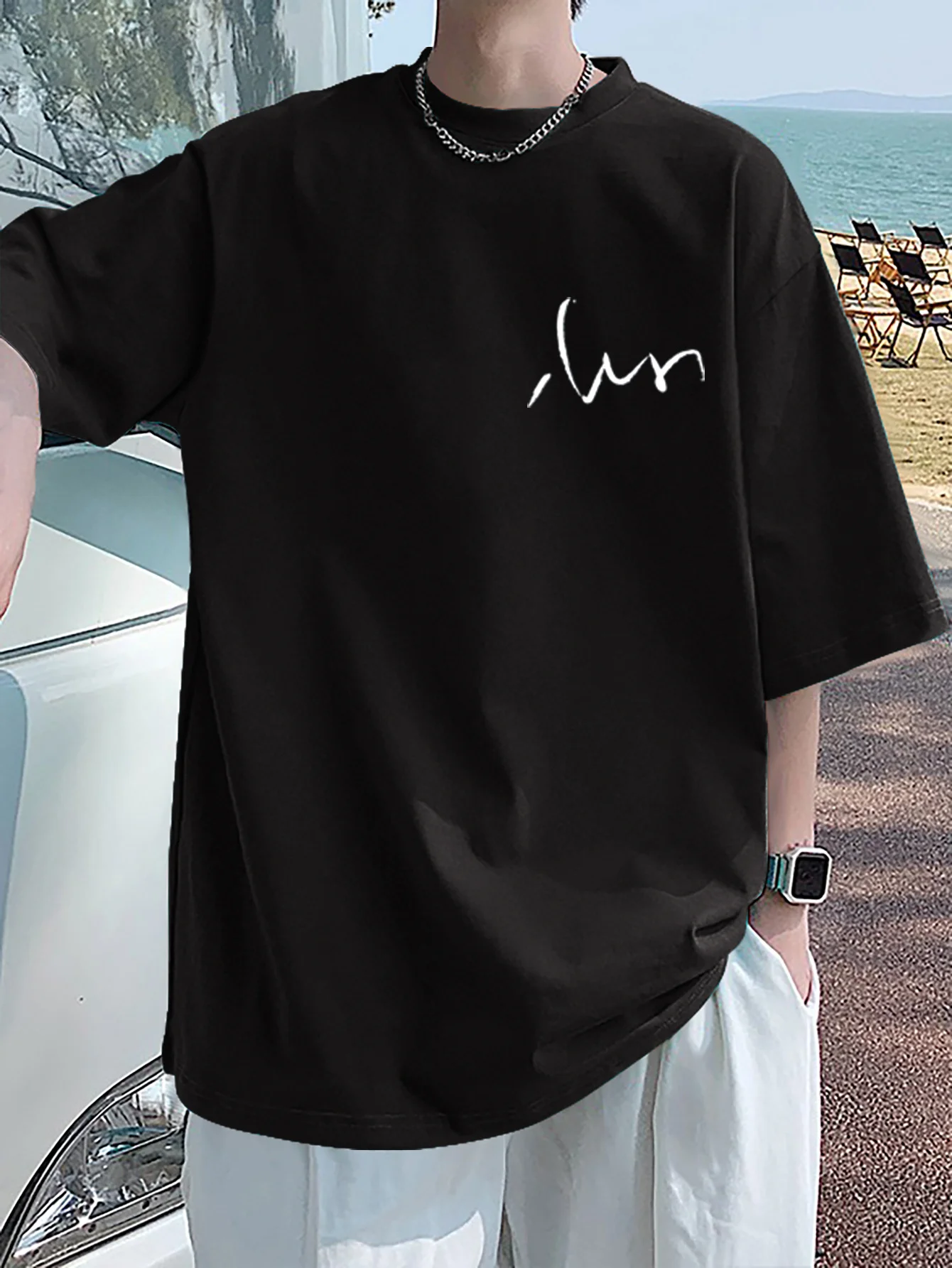 Herren Sommer Kurzarm-T-Shirt Modischer Trend Locker Sitzend Bedruckter Stoff Fein und Weich Bequem Atmungsaktiv Retro-Stil – Detail 5
