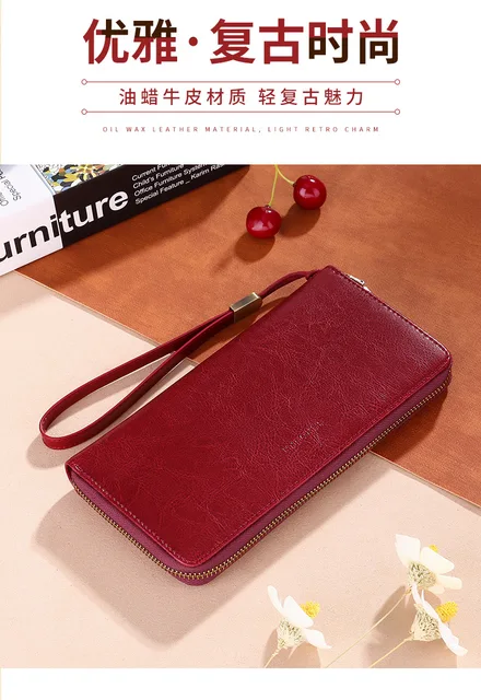 SENDEFN Women's Large Capacity RFID Blocking Leather Wallet - Wax Red, Genuine Leather With Checkbook Holder & Coin Pouch 8 thumbnail image