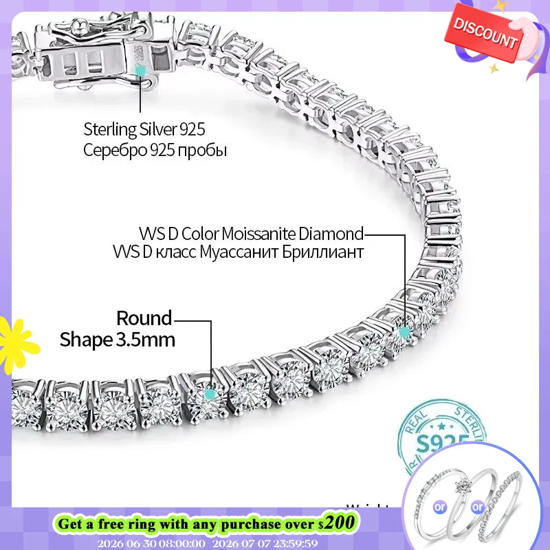 ATTAGEMS 4.0mm 5.0mm DVVS1 Pass Diamond Test Round Cut Moissanite Tennis Bracelet White Gold Plated 925 Silver Jewelry for Women