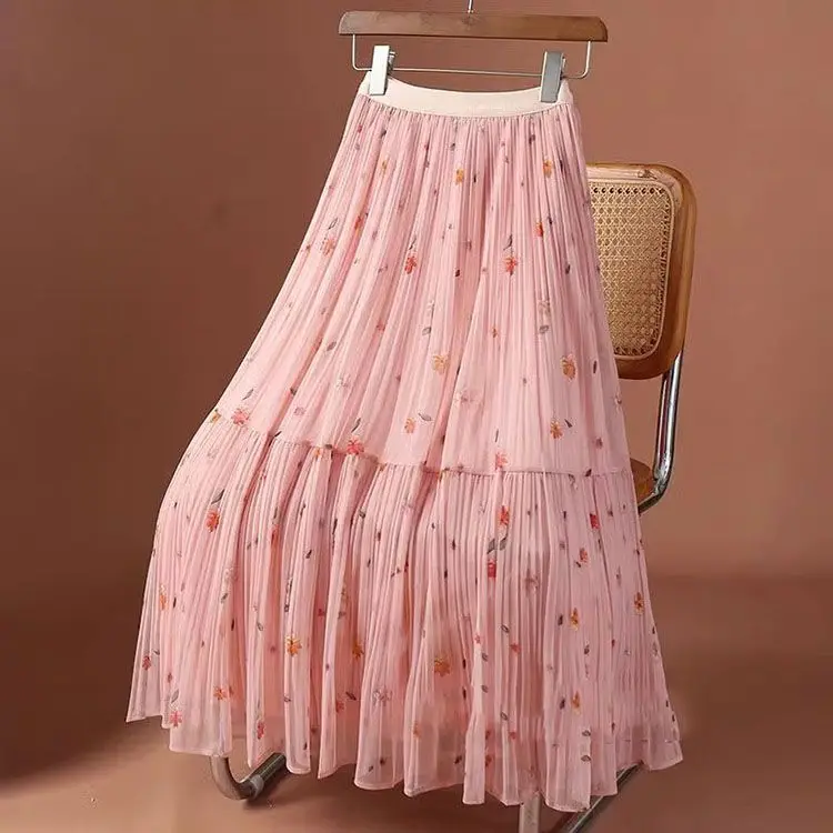 Printed Mesh Skirt Women's New Summer High-waisted Slimming Pleated Gauze Skirt Female Mid-length Drape A-line Large Swing Skirt