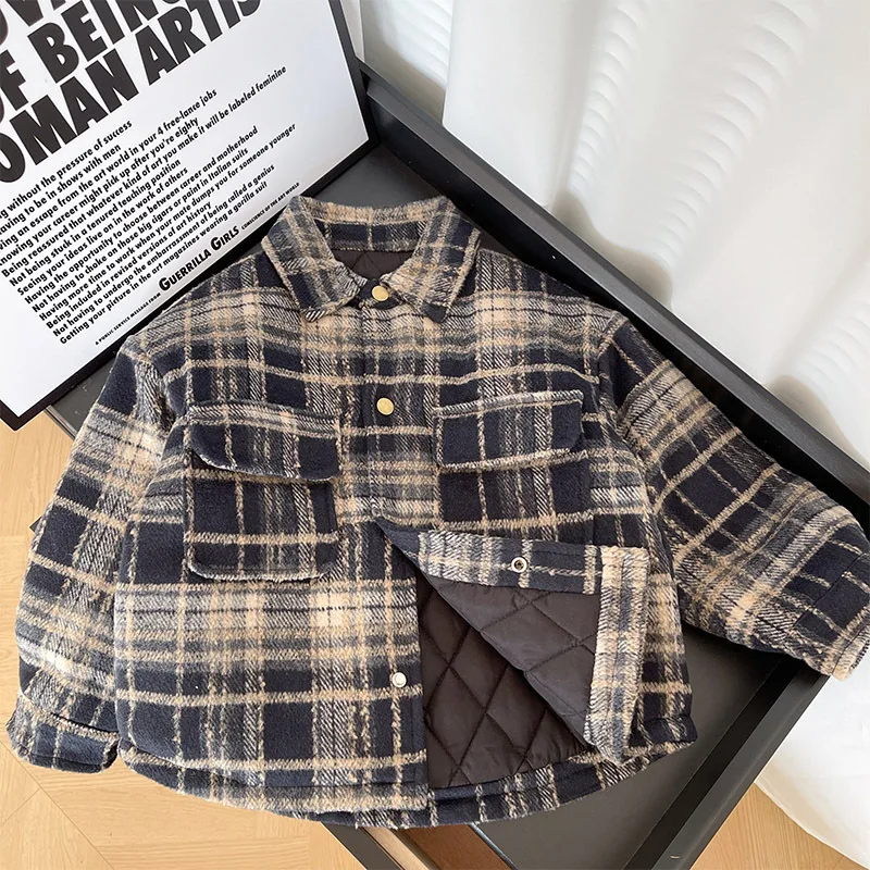 

Boy Shirt Coat 2023 Winter New Children Warm Korean Style Thickened Loose Plaid Lapel Coat Handsome Foreign Style Coat Clothes