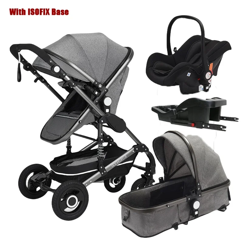 Baby stroller 3in1 with car seat with ISOFIX base luxury high landscape baby carriage aluminum alloy frame travel stroller