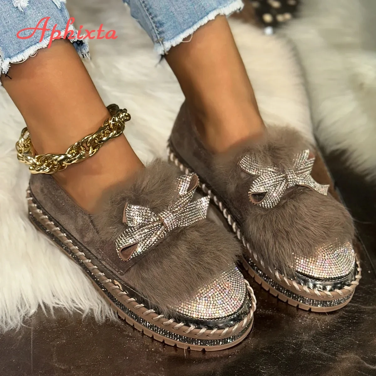 Aphixta Furry Crystal Bow Dec Women's Casual Shoes 3cm Flat Platform Loafers Short Plush Warm Autumn Winter Woman Flats Size 43
