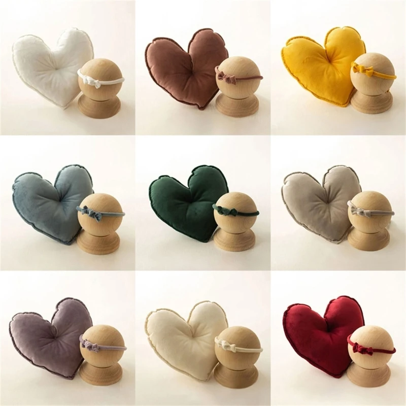 

2Pc/Set Newborn Photography Props 24cm Velvet Heart Shape Baby Posing Pillow and Bowknot Headband Phhotographic Studio Accessory