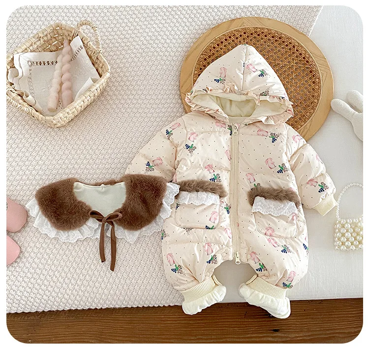 Cekcya Koreanische Baby Mädchen Herbst Winter Overall Nette und Plüsch Blumen Mit Kapuze Säuglings Kleidung Kinder Warme Outdoor Strampler – Detail 3