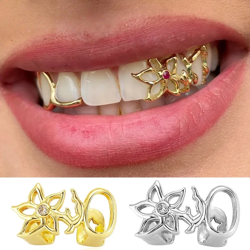 Glossy Double Flower Tooth Jewelry in Gold/Silver