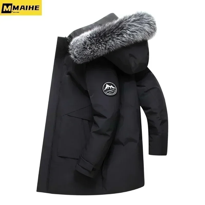2025 Winter Long Down Jacket For Men's Brand Casual Fur Collar Hooded White Duck Down Warm Coat For Men's Clothing Winter Jacket