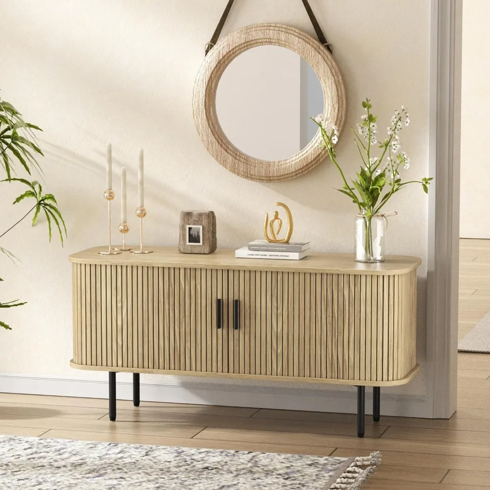 TV Cabinet.47''W Natural Storage Cabinet, Media Console, Tambour TV Stand, Television Stands with Curvy Edge; Sliding Door 4