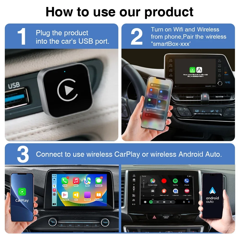 2-in-1 무선 CarPlay 안드로이드 오토 어댑터 유선에서 무선으로 변환 플러그 앤 플레이 컨트롤 (아이폰 차량용)