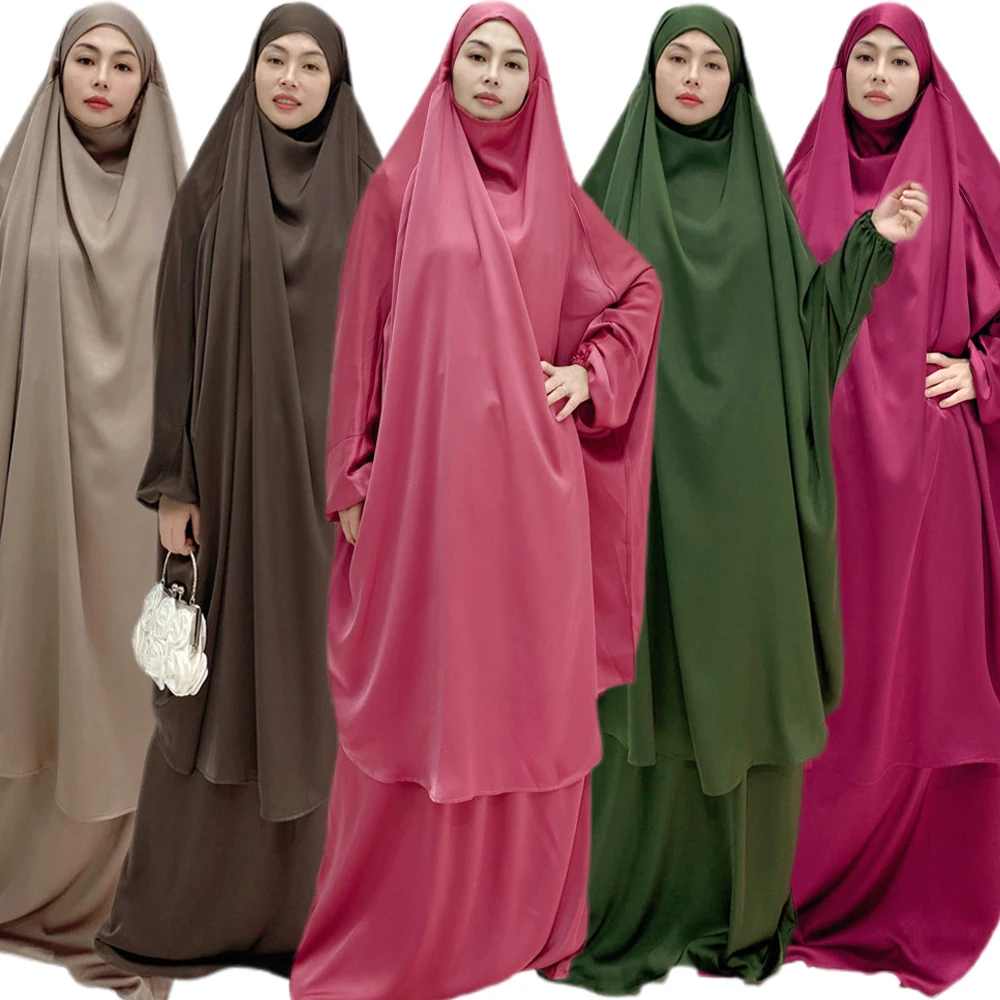 

2 Pieces Prayer Garment Outfit Islamic Muslim Women Hijab Burqa Dress Full Cover Long Khimar Abaya Abayas Arab Eid Ramadan Robes