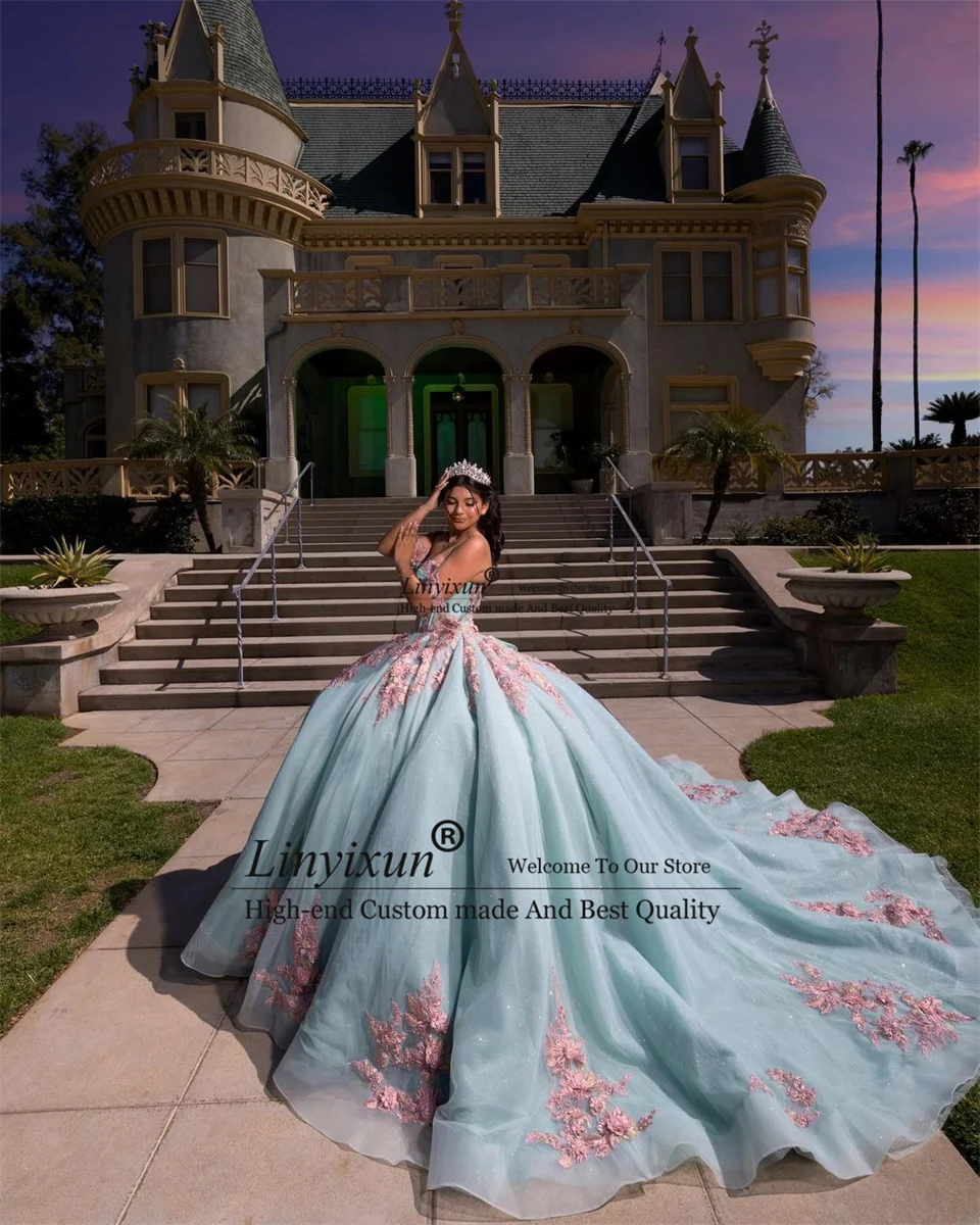 Sweet Flowers Quinceanera Dresses Sheer Mesh Appliques Ball Gown Birthday Wedding Party Dress Vestidos De 15 A&ntilde;os
