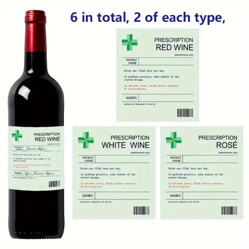 6pcs Prescription Style Wine Labels Prescription Wine Labels Xmas Funny Novelty Bottle Labels Vinyl Sticker Birthday Anniversary