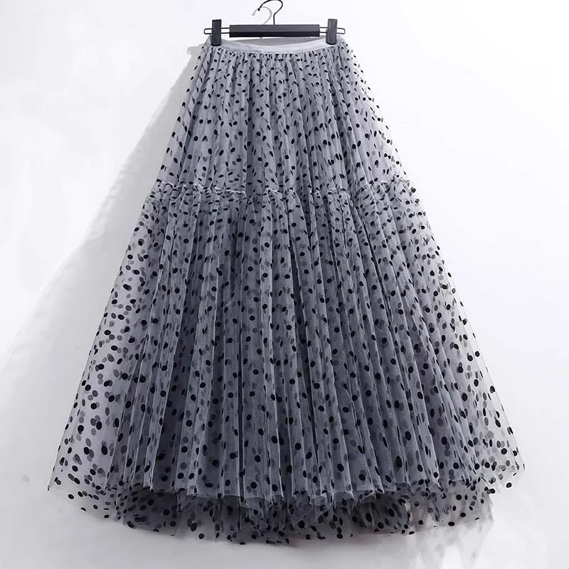 Women's Polka Dot Tulle Skirt - Midi Length, High Waist Elastic, A-Line Double Layer Mesh, S-2XL - View #6