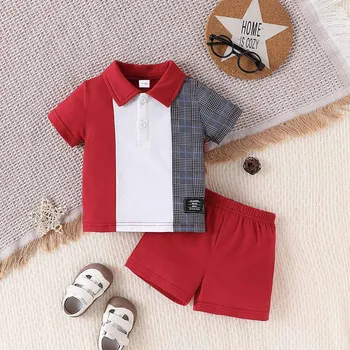 2-piece set of fashionable and casual baby boy color blocked polo collar short sleeved top and breathable shorts, summer 1