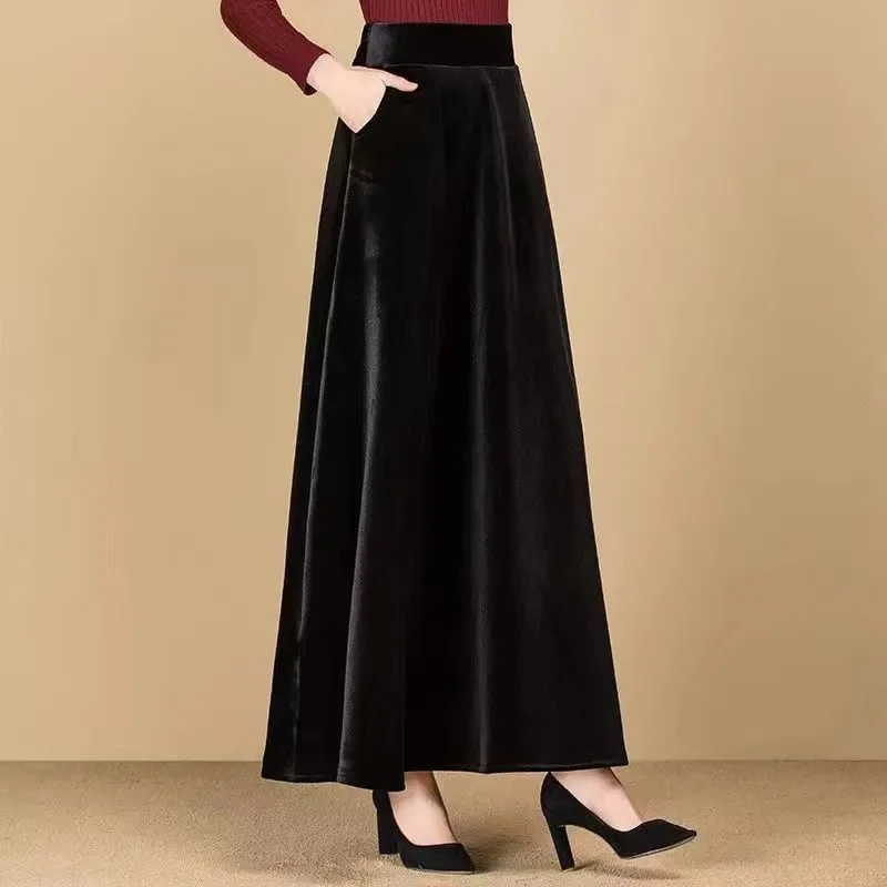 Black Golden Velvet Skirt Women's Long Skirt 2024 New High Waist
