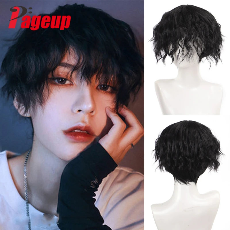 Pageup Black Men's Synthetic Wig Short Straight/Curly Wigs With Bangs For Male Boy Cosplay Anime Daily Party Wig Heat Resistant pageup synthetic wavy wig with bangs hair toppers clip in women daily party nature wig black brown heat resistant fiber