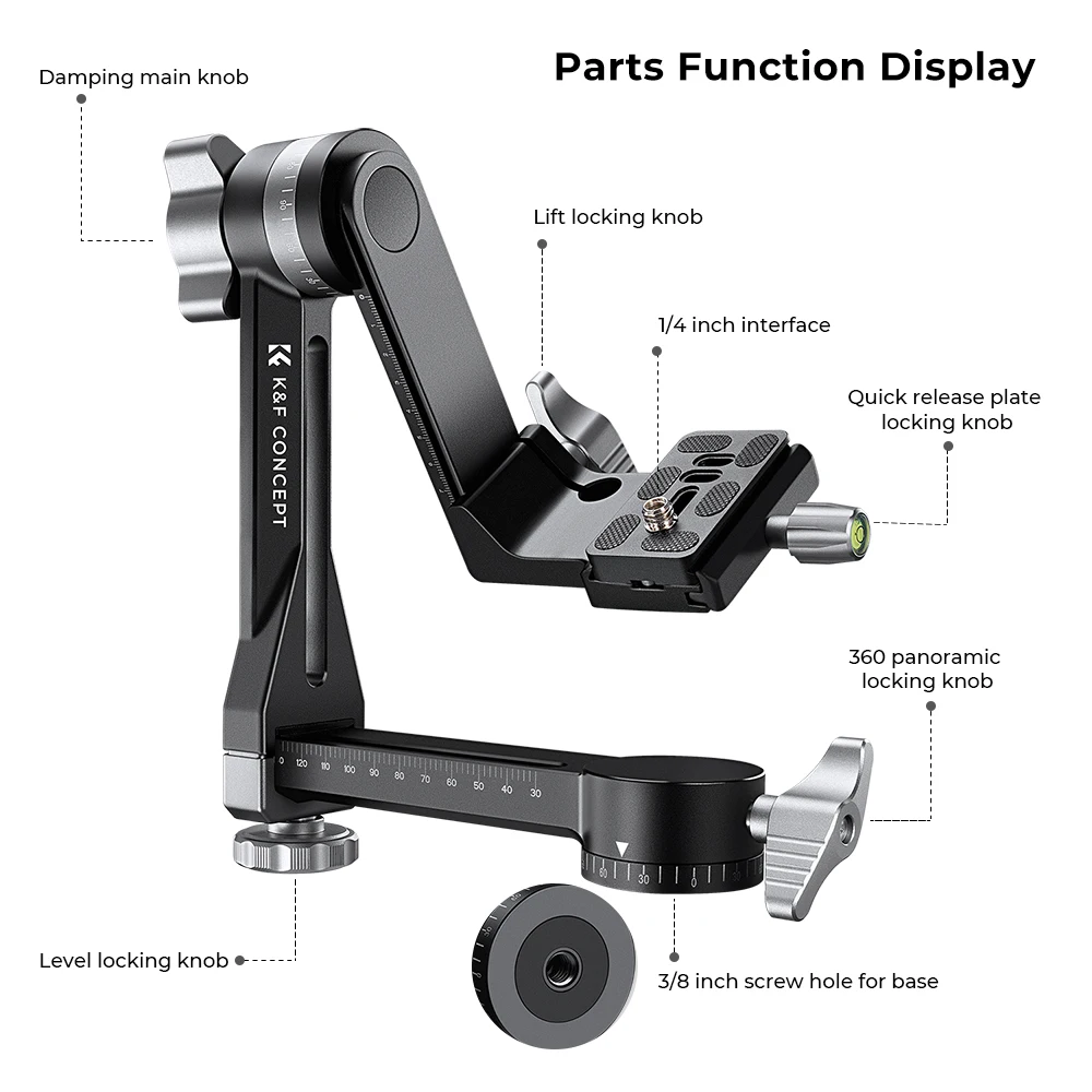 K&F Concept Gimbal Tripod Head Aluminium Alloy Heavy Duty 360&deg; Panoramic Head with 1/4" Quick Release Plate For Camera Tripods