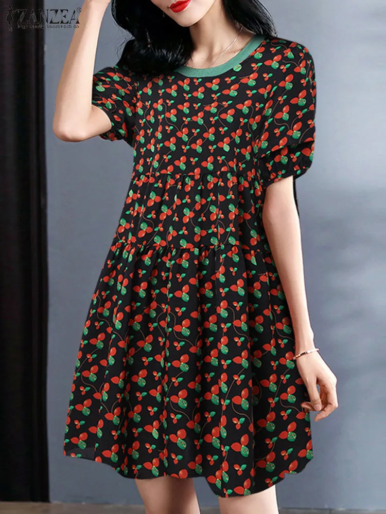 

ZANZEA Korean Fashion Printing Dress Summer Short Sleeve O-Neck Dresses Casual Holiday Sundress Elegant Party A Line Vestidos