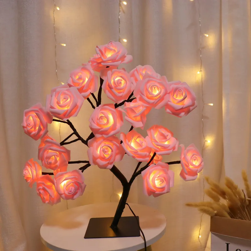 FRCOLOR Rose Flower Table Lamp LED Desk Tree Lamp Battery Operated Artificial Flower Bedside Light Valentines Day Wedding Gift for Home Bedroom Living Room Decor Pink