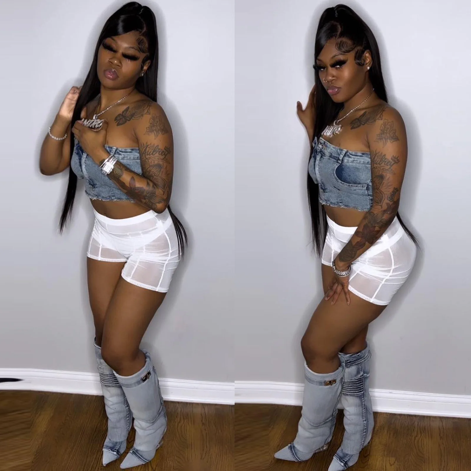 

European and American fashion women's super elastic denim imitation pants with exposed navel hot and spicy bra top y2k top