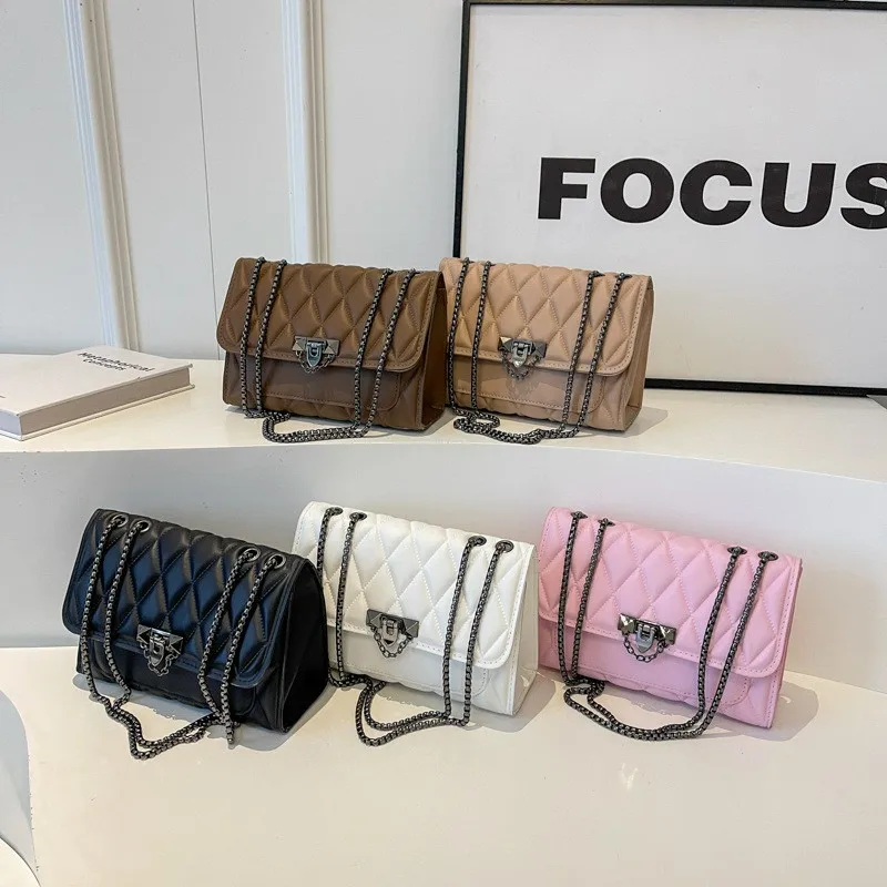 1 simple and stylish diamond grid crossbody bag, metal chain