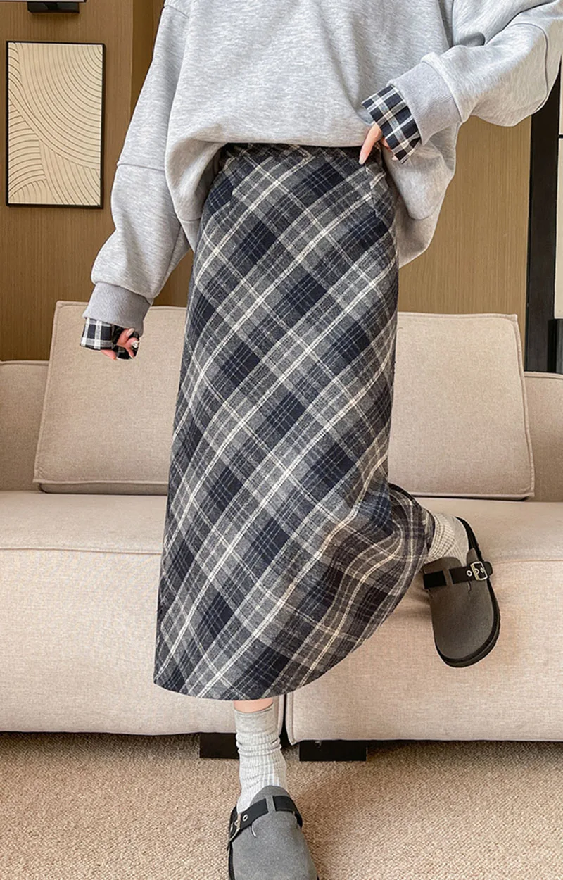 Vintage Woolen Plaid Röcke für Frauen Herbst Winter Hohe Taille Split Langen Rock Weiblichen Koreanischen Streetwear Kontrast A-linie Rock – Detail 8