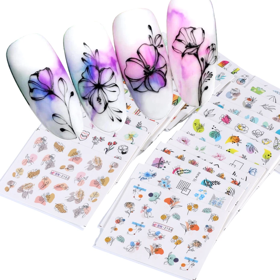 

24pcs French Line Flowers Leaves Nail Decals Water Transfer Sliders Set Geometry Stickers for Nails Decor Manicure Tattoos Decor