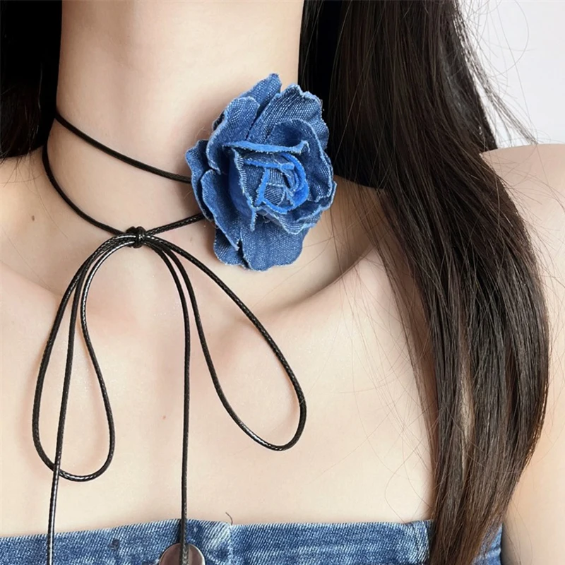 FASUND Bohemian Denim Choker Necklace – Heart Pendant, Adjustable, Unisex Fashion Jewelry For Women & Girls