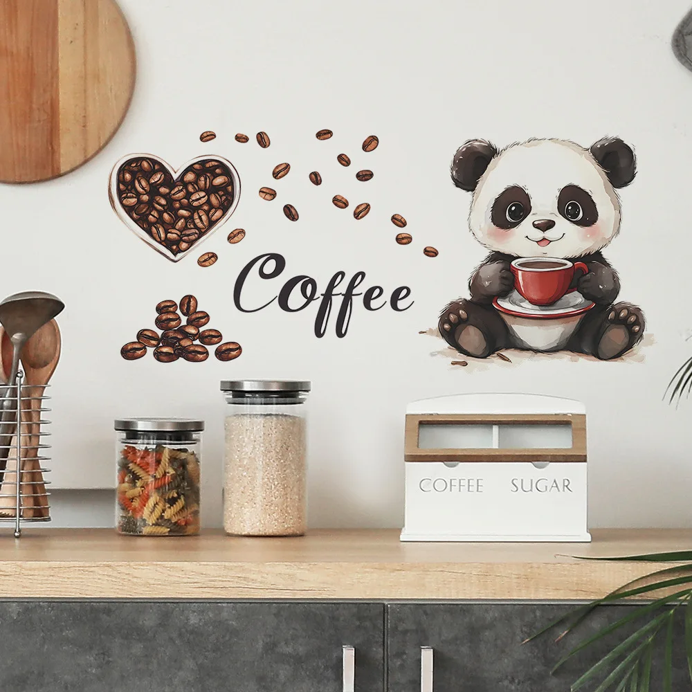 Cartoon Panda Drinking Coffee Wall Sticker Living Room Kitchen Background Decoration Mural Cafe Home Decor Self-adhesive Decals