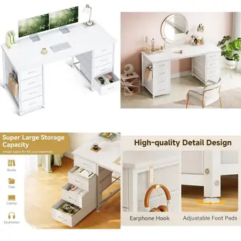 Modern White Office Desk with 8 Fabric Drawers 1