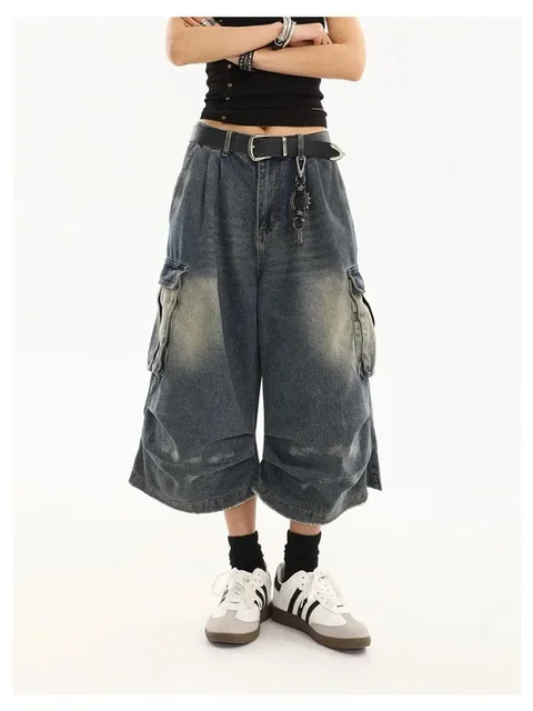 Short en Denim délavé bleu rétro taille haute pour femmes, Harajuku, Vintage, mode décontractée, ample, Y2K, Streetwear, jambes larges, pantalon court 5